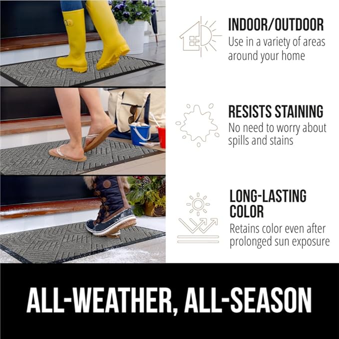 GORILLA GRIP 100% Waterproof All-Season WeatherMax Doormat, Durable Natural Rubber, Stain and Fade Resistant, Low Profile, Indoor Outdoor Door Mats, Easy Clean Patio Entrance Mat, 17x29, Steel Diamond