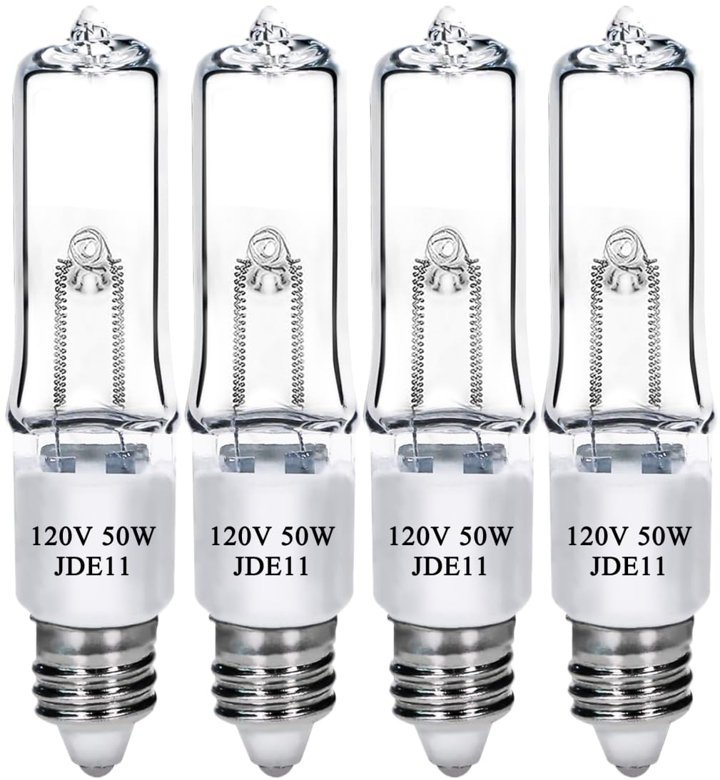 Lachesan Jde11 120V 50W T4 Mini Candelabra Base(Replacement E11 Led Bulb) 2700K Clear Dimmable Jd E11 Halogen Light Bulbs For Chandeliers  Ceiling Fan  Table Lamps  Cabinet Lighting  4 Pack