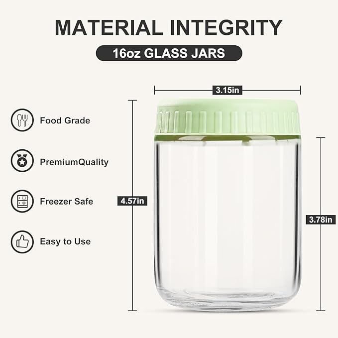 Overnight Oats Containers with Lids, 16oz Glass Jars with Lids 4 pcs, Light Green, Wide Mouth Mason jars for Salad, Yogurt, Snacks, Meal Prep