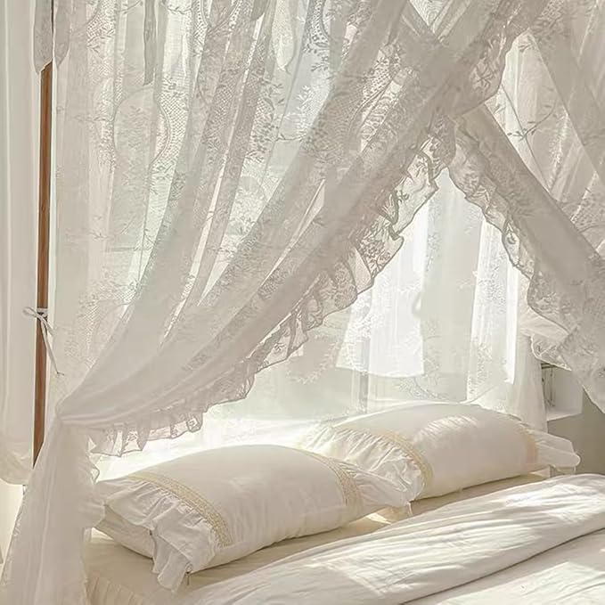 Elegant Lace Princess 4 Corner Post Mosquito Net Romantic for Girls Women Bed Curtain Canopy for Adult Wedding Bedroom Kids Rooms Decoration (Color-A, California King)