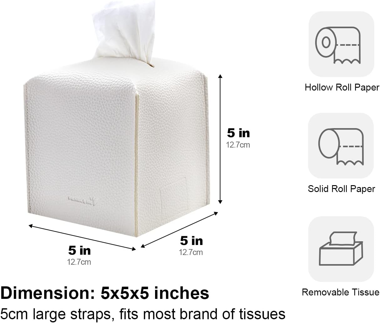 Tissue Box Cover 5X5X5'' PU Leather Tissue Holder Square Tissue Cube Box Organizer for Bathroom Vanity Countertop, Car, Night Stands, Office, Home, Kitchen (1Pack, White)