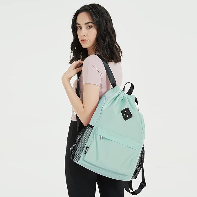 WANDF Drawstring Backpack Sports Gym Bag with Shoes Compartment, Water-Resistant String Backpack Cinch for Women Men (Large,Mint green)