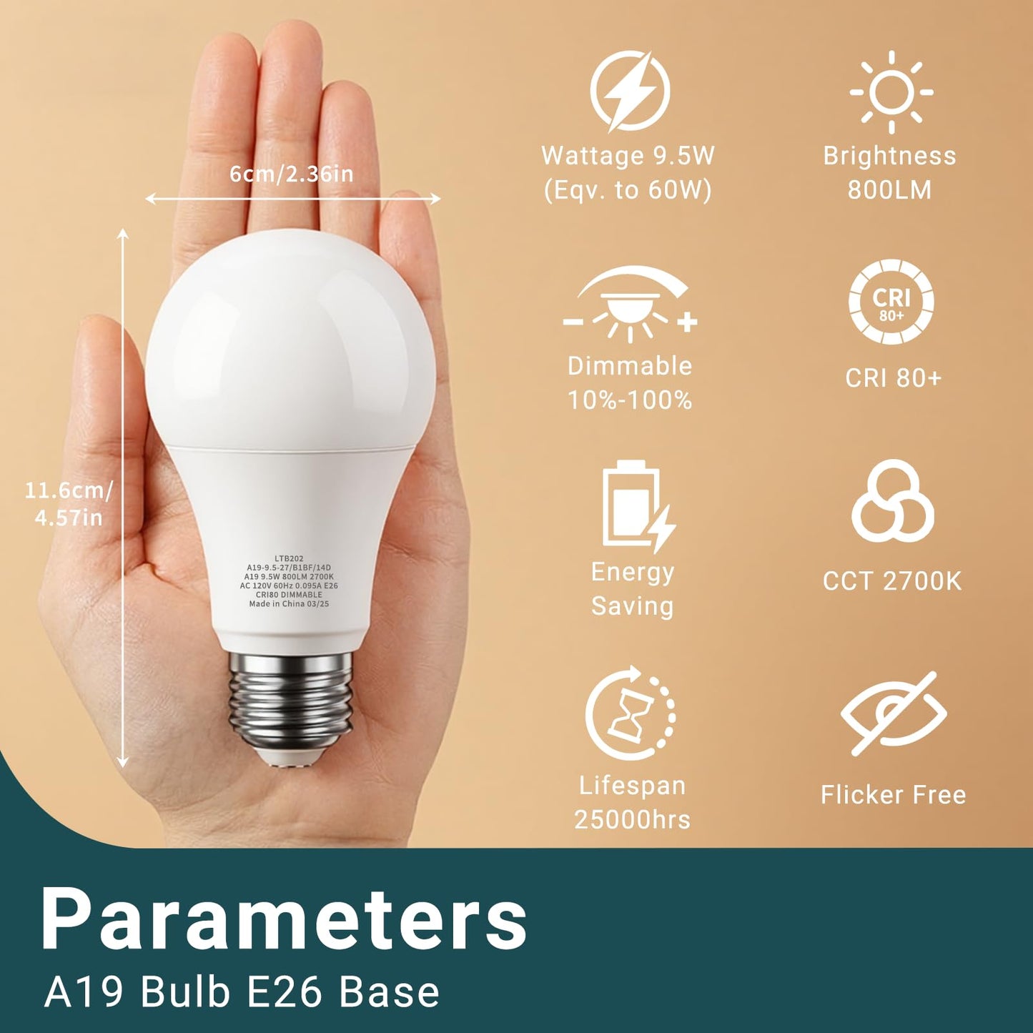 Novapollo A19 Led Light Bulbs  Dimmable 60 Watt Equivalent Led Bulbs  800Lm 9.5W Lightbulb  2700K Soft White  E26 Standard Base  Cri80+  25000 Hour Lifetime- 6 Pack