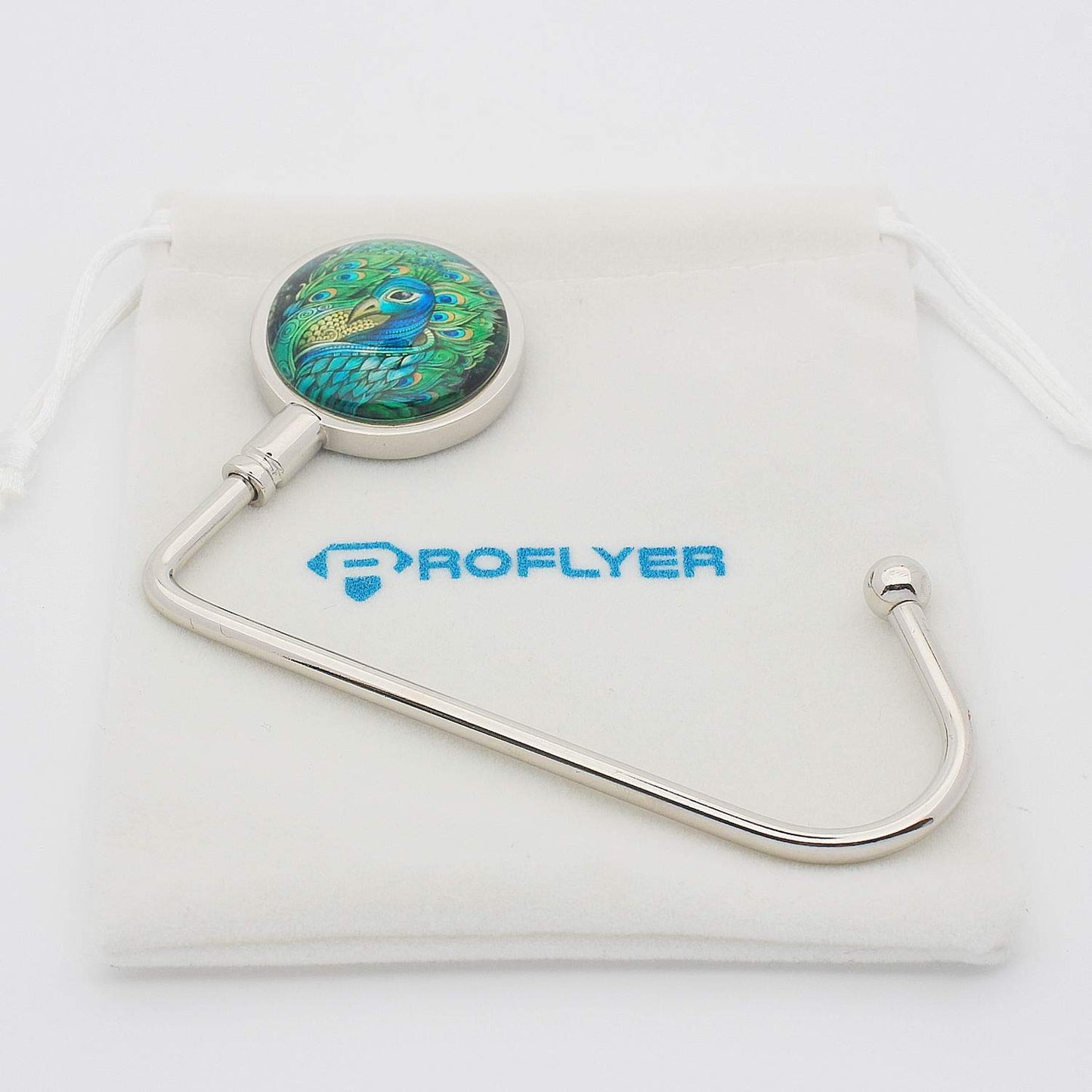 ROFLYER Purse Hook Hanger for Table Bar Long Handbag Hanger Bag Hanger with Velvet Pouch (King Peacock)