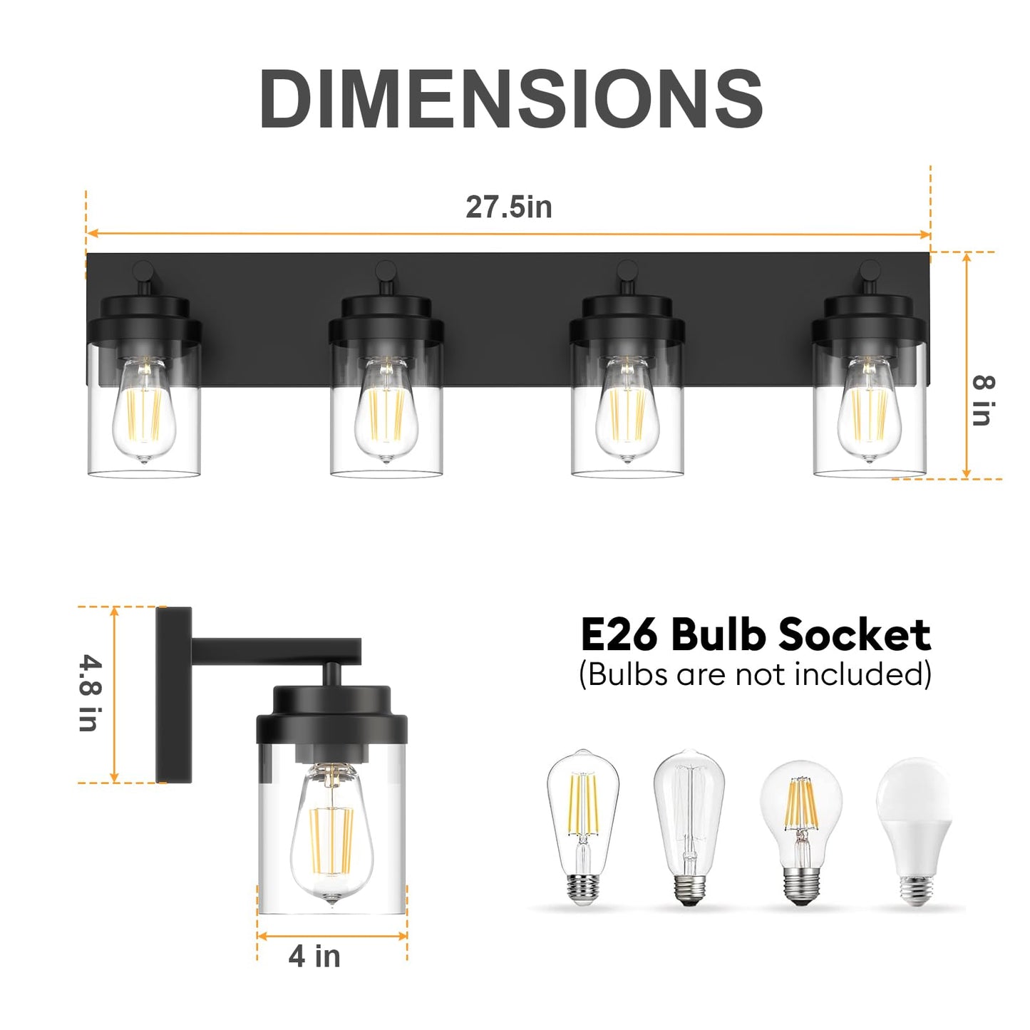 Izorro Bathroom Vanity Light Fixture  4-Light 27.5 Inch Matte Black Bathroom Light Fixtures Over Mirror  With Clear Glass Shade  Modern Farmhouse Vanity Lights  Rustic Restroom Lighting Fixtures