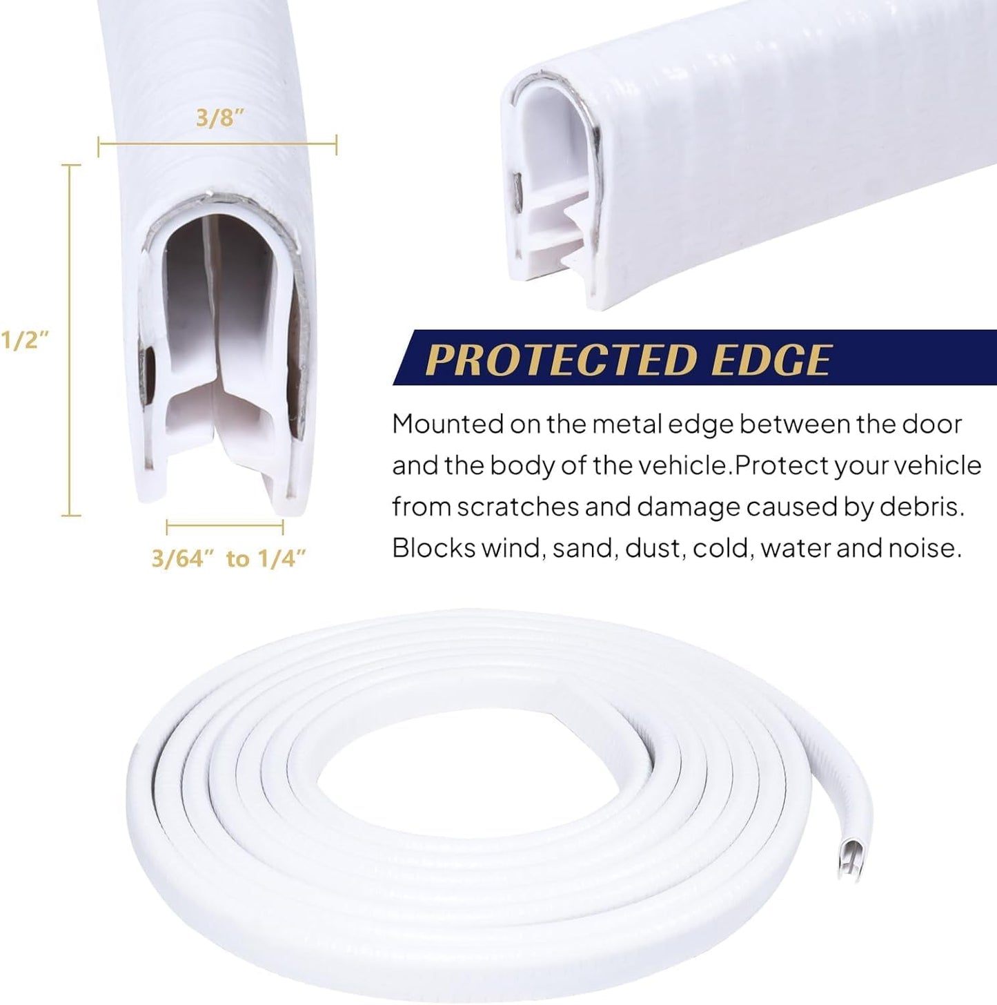 Edge Trim White U-Channel Rubber Trim Edge with Metal 1/2" X 3/8" - Fit Gap 3/64" to1/4 Car Door Edge Sealing Strip, PVC Weather Stripping with Steel, Metal Edge Protector, 32FT