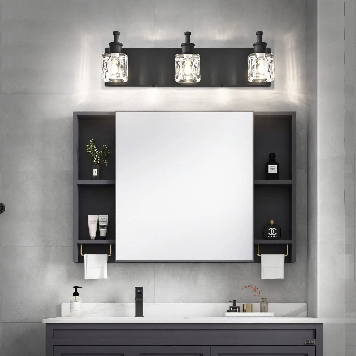 PRESDE Black Crystal Bathroom Light Fixtures, 3-Light Vanity Lighting, Metal Matt Black, Model HU-XI-201