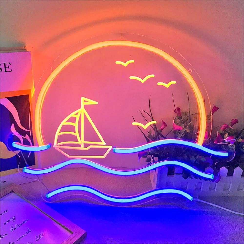Sunset Neon Sign For Bedroom  Sunrise & Sunset At Sea Neon Light Sign For Wall Decor  5V Sailboat Neon Sign For Living Room Bar Office  Housewarming Gift  17X13 In By Jxin