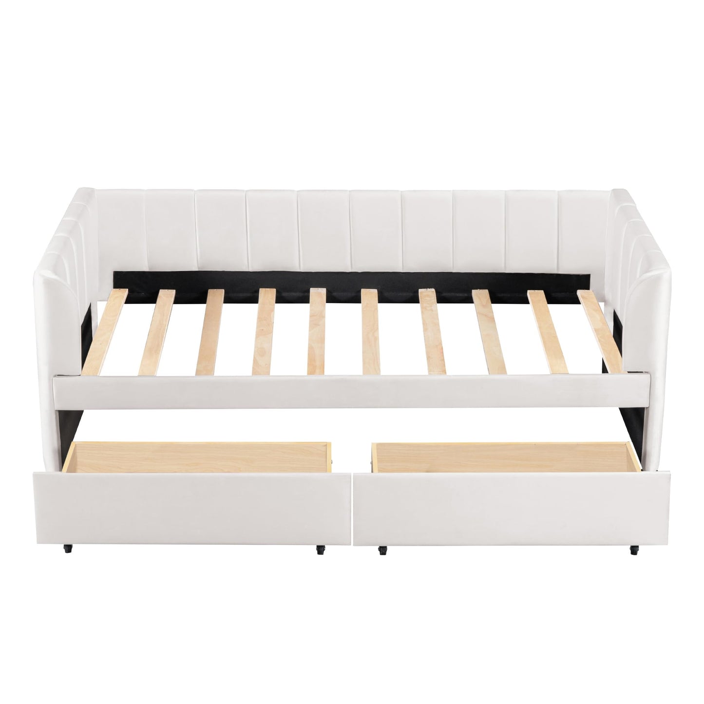 Jintop Twin Size Velvet Daybed with Two Drawers and Stripe Shaped Headboard Design,Upholstered Wooden Storage Bed Frame,w/Ergonomic Design Backrest,for Bedroom,Living Room,Beige