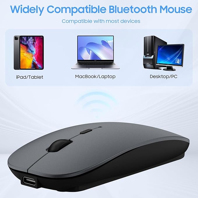SUNGI Bluetooth Mouse,Wireless Slim Silent Mouse Jiggler Rechargable Mouse for iPad/MacBook/Tablet/PC/iPhone/Cellphone,Gray
