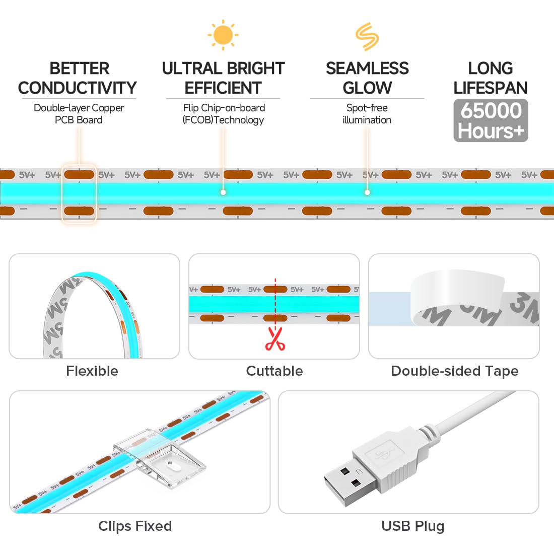 Btf-Lighting Fcob Usb Powered Ice Blue Cob Led Strip Lights 6.56Ft 640Leds 5V 8Mm Width 90+ High Cri Ultra Bright Flexible Light For 3D Printer Tv Backlight Display Cabinet Pc Diy Decor