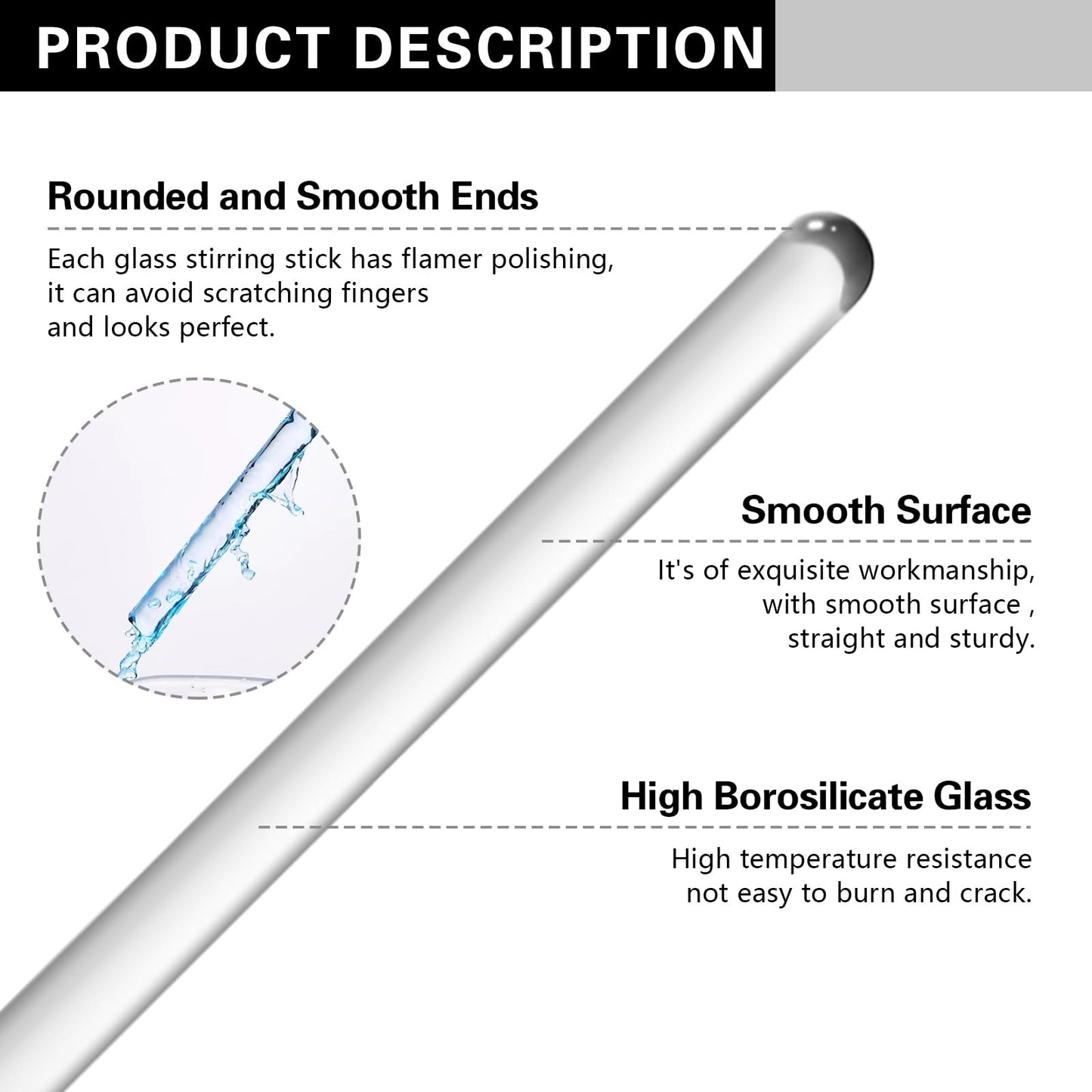 Burry Life Science Glass Stick 12" Length Stir Rod with Both Ends Round 8pcs/pk