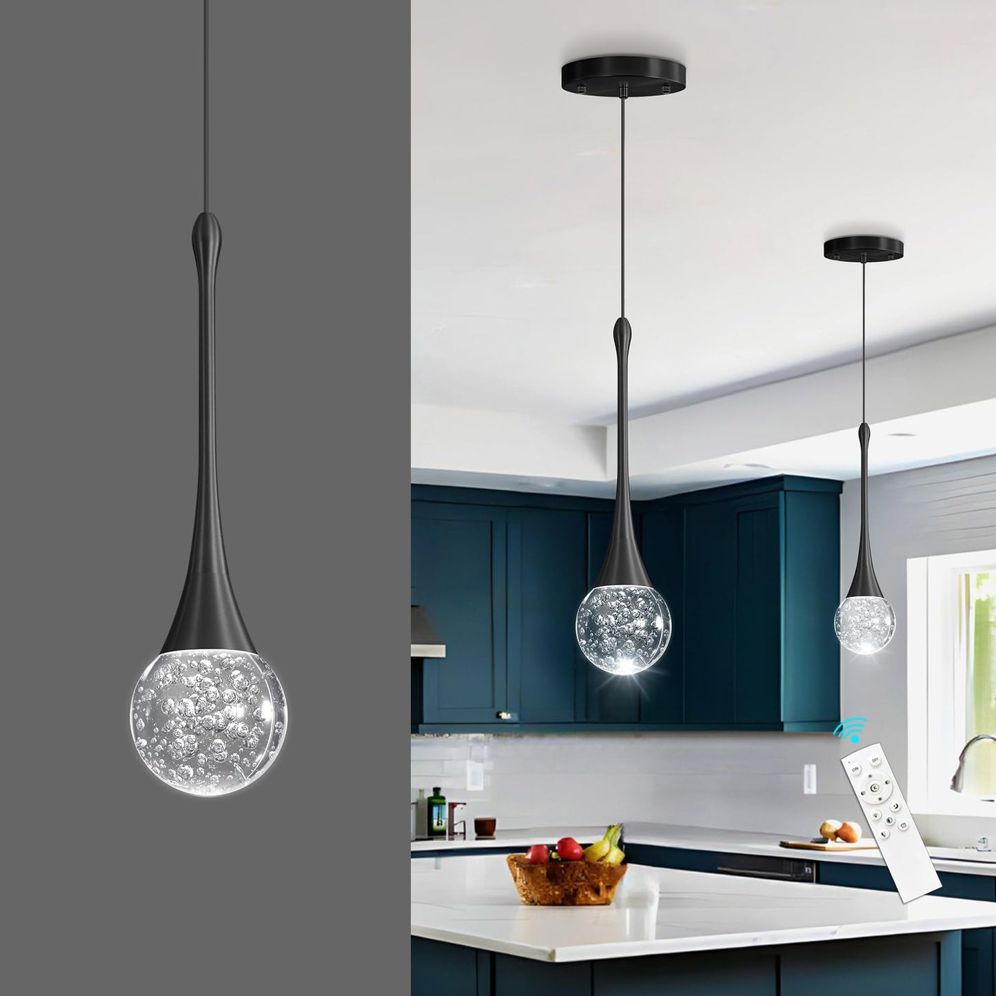 Cenozo Modern Pendant Lights For Kitchen Island Led Dimmable Crystal Glam Ceiling Pendant Lighting For Dining Room Hallway Bedroom Corner Lamp Black