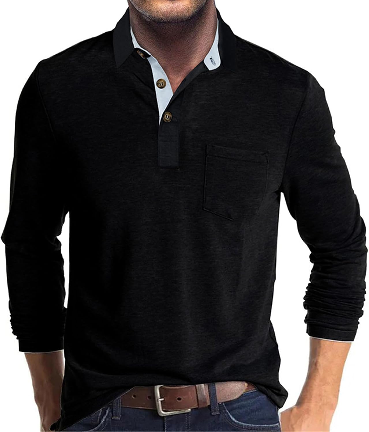 Mens Long Sleeve Polo Shirts Casual Moisture Wicking Golf Polo Shirts with Pocket