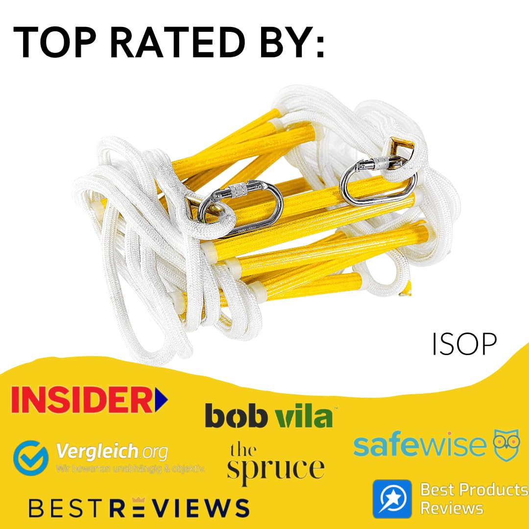 ISOP Fire Escape Ladder for Third Story Windows 25ft (8m) - Flame Resistant Rescue Rope Ladder with Hooks - Weight Capacity up to 1500 Pounds / 3-Story Escape Ladders for Homes - Hook Ladders