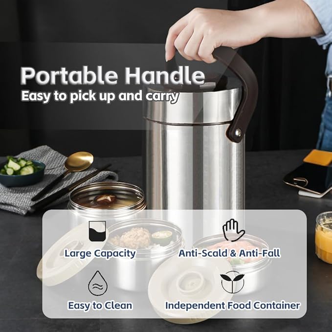 Vacuum Insulated Food Container Set with 3 Stackable Compartments - 67oz Adults Thermal Lunch Box, Leak-Proof Stainless Steel Wide Mouth Thermal Food Jar for Hot Food, Office & Outdoor