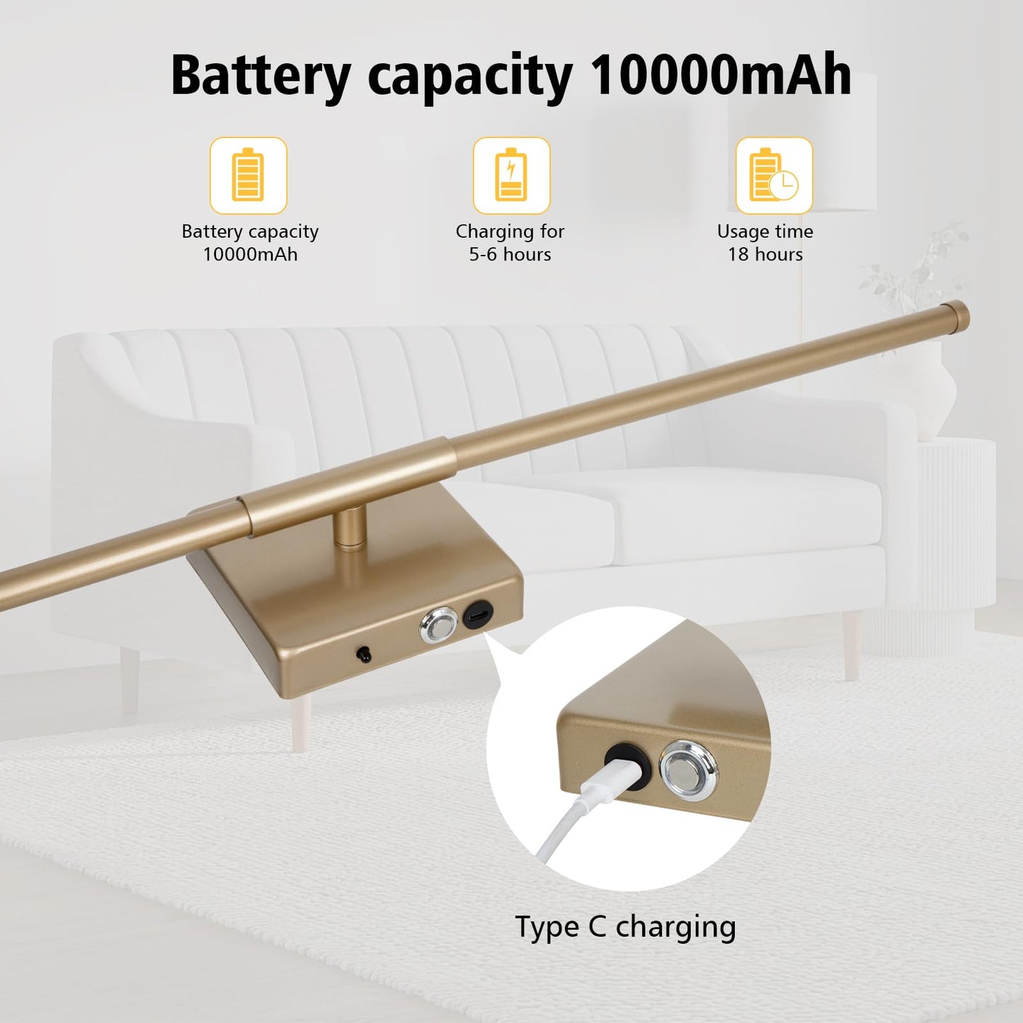 Danhh Wall Sconce, Dimmable 3000K-6000K, Rechargeable, 350° Rotate, 1 Pack, Metal, Gold, Model HCP042