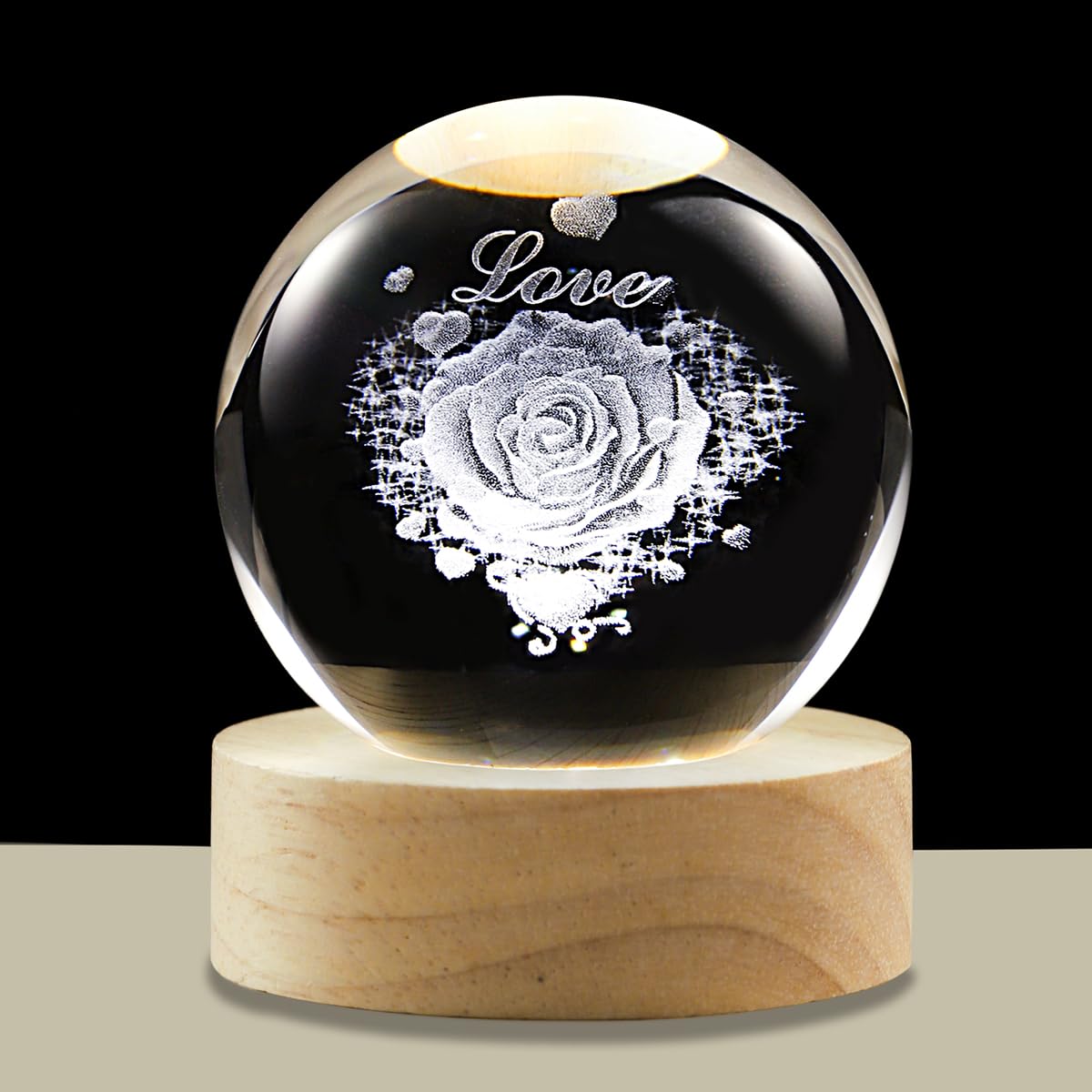 Hochance 3D Love Crystal Ball Lamp With Adjustable Brightness Led Wooden Base Night Light For Kids Teens mature-themeds Birthday Gift Home Desk Office Bedroom Decor (6Cm / 2.4 )