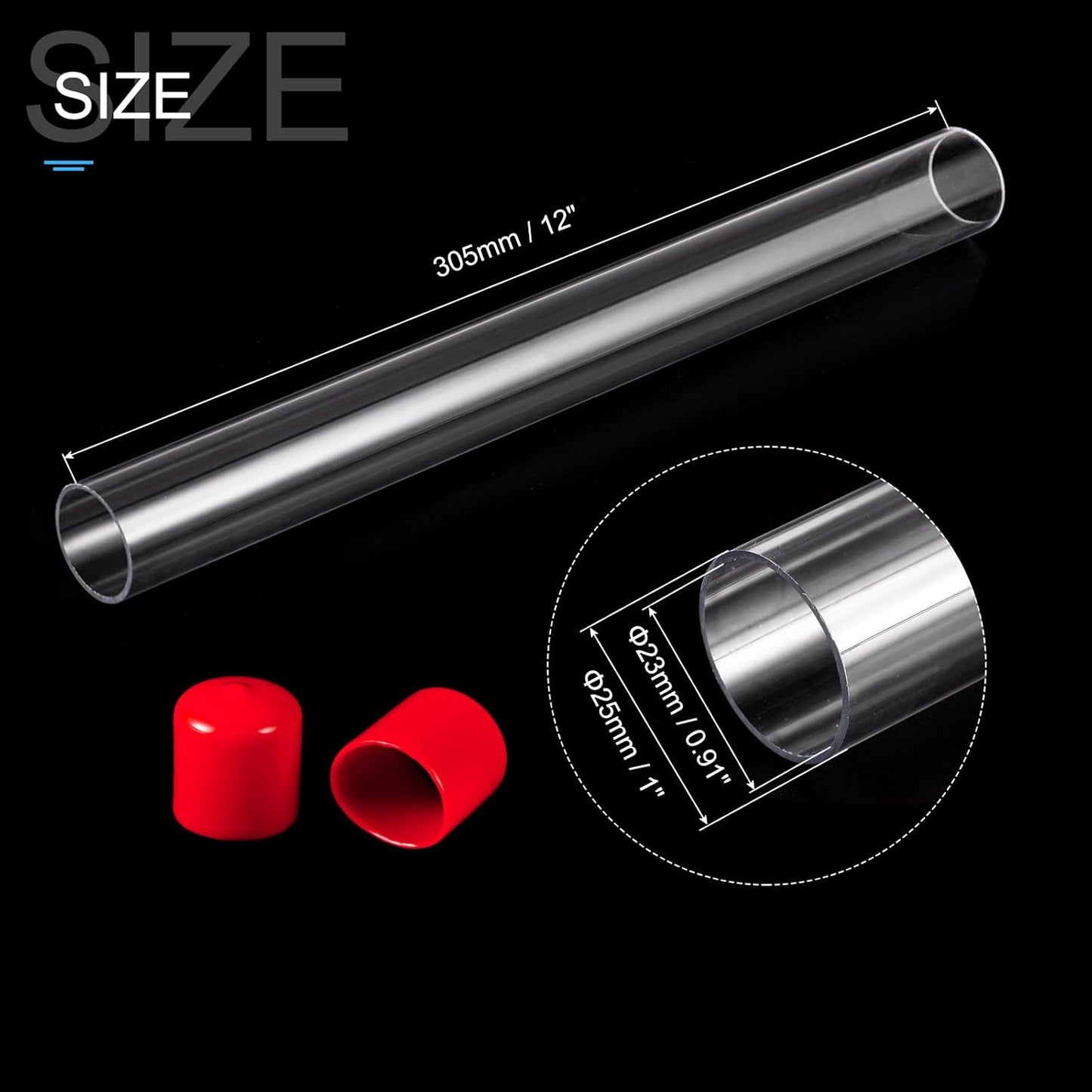 PATIKIL Clear Rigid Tube Round Plastic Tubing with Red Rubber Caps Polycarbonate Water Pipe, 305mm/ 12 Inch Length, 23mmx25mm/0.91"x1", 2 Set