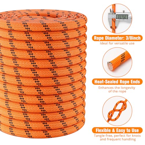 Double Braided Arborist Rigging Rope - 3/8 in X 100 ft 48 Strands Rappelling Outdoor Pulling Heavy Duty Polyester Bull Rop...