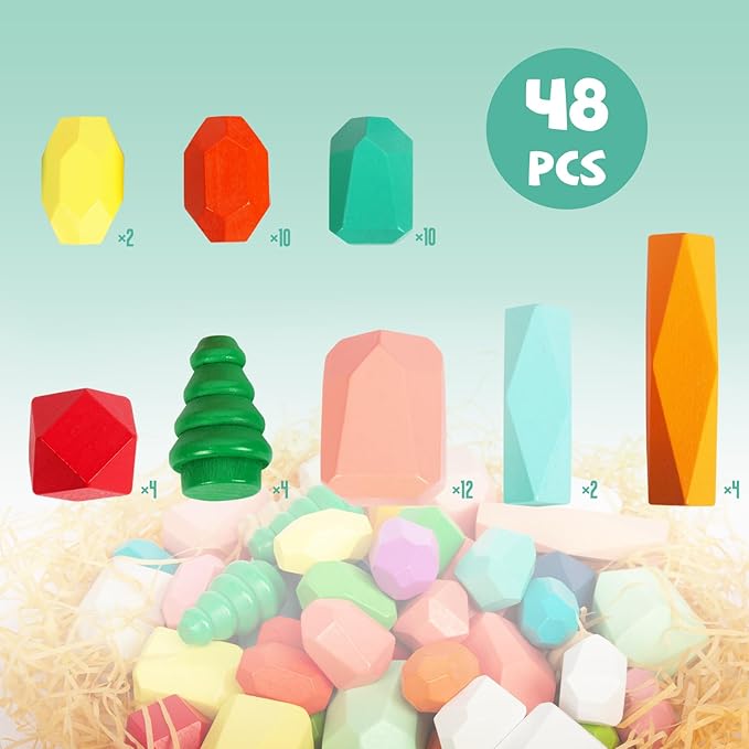 48 PCS Wooden Sorting Stacking Rocks Stones,Sensory Toddler Toys Learning Montessori STEM Toys, Building Blocks Game for Kids 3-6 Years Boy and Girl Birthday Gifts for Kids