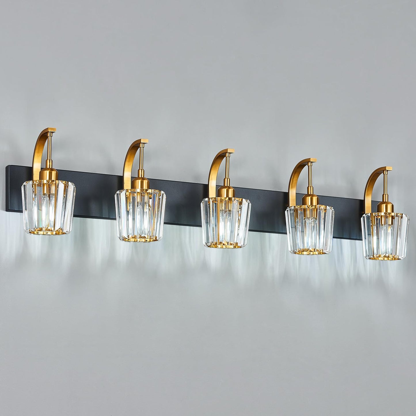 Fdpby Modern Bathroom Vanity Light  5-Light Black Gold Wall Sconce With Crystal Accents  Over Mirror Bathroom Lighting Fixture  42.52 Long Dimmable Vanity Lamp For Makeup  Easy Installation