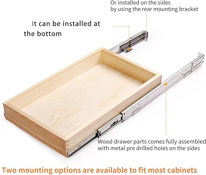 26''W x 21''D x 3''H Pull Out Cabinet Drawer Soft Close Slide Out Wood Organizer for Kitchen, Finished, Bottom and Side Assembly (Wood Drawer Part Width is 25inch)