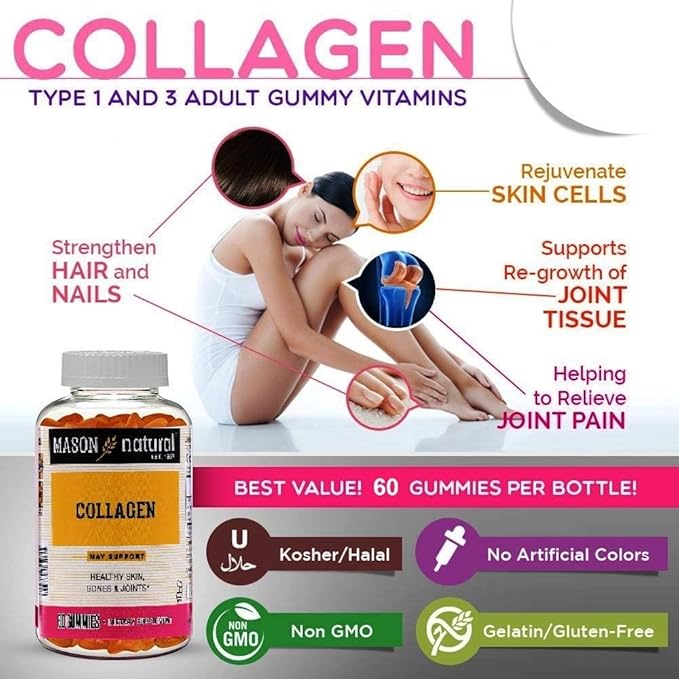 MASON NATURAL Collagen Gummies - Supports Healthy Skin, Bones and Joints, Tropical Fruit Flavor, Kosher, Gelatin Free, 60 Gummies (Pack of 2)
