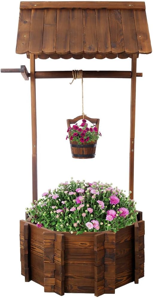 Wooden Wishing Well Planter for Outside with Hanging Bucket & 4 Reinforced Rods, Rustic Garden Yard Patio Decor, Extra-Large 25" x 25" x 53" Well Cover, Deep Carbonized Fir, Brown