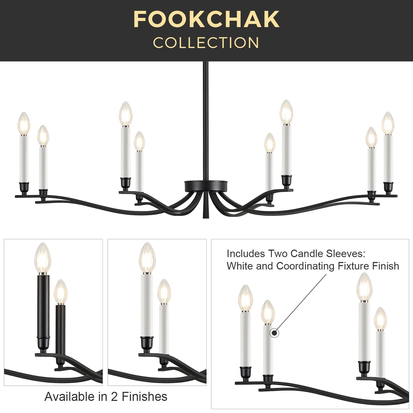 Fookchak Black Chandelier  Modern Dining Room Light Fixture 8 Light Candle Chandelier Over Table 44In Metal Chandeliers Lighting For Living Room Entry Master Bedroom Bathtub Kitchen