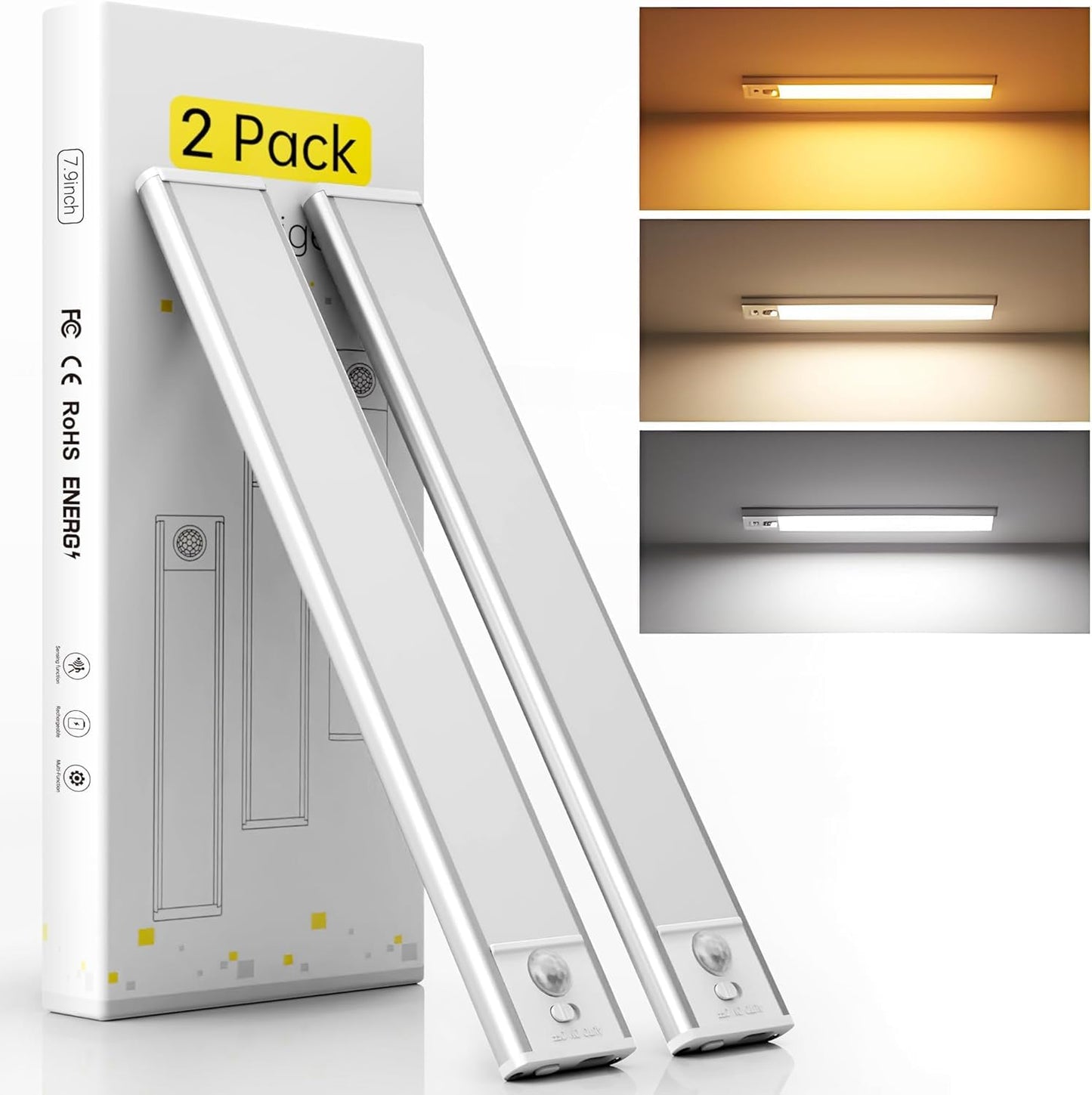 Under Cabinet Lights 2 Pack, Dimmable LED Rechargeable 1000mAh, Motion Sensor Light with 3 Color Temps, Magnetic Wireless Closet