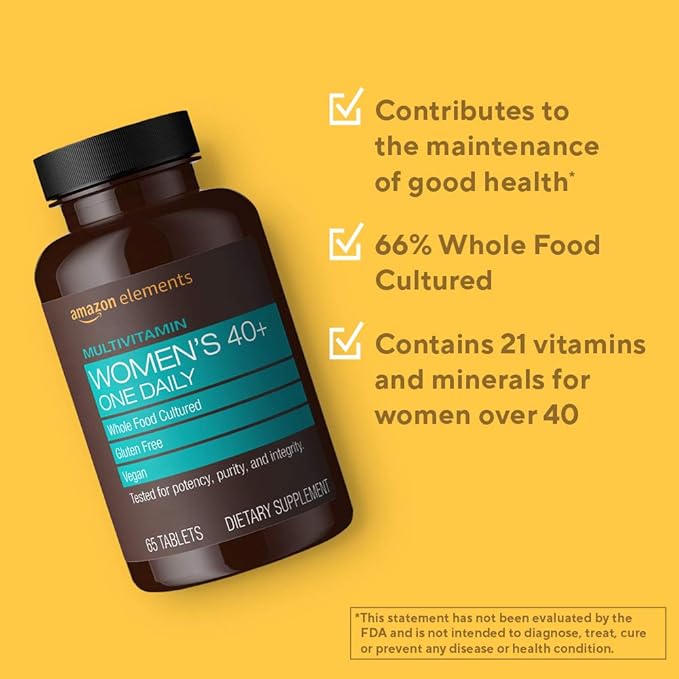 Amazon Elements Women‚ 40+ One Daily Multivitamin, 66% Whole Food Cultured, Vegan, 65 Tablets, 2 month supply (Packaging may vary)