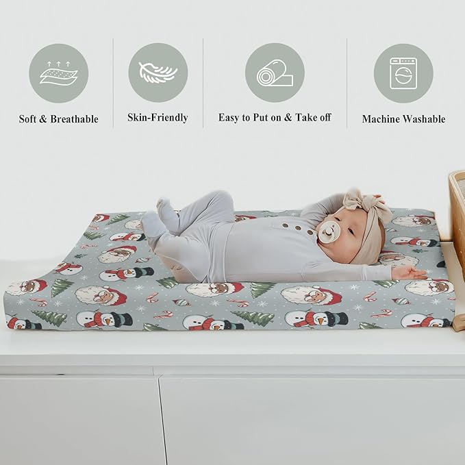 Cute Santa Claus Christmas Trees Baby Changing Pad Covers for Boy Girl Red Santa Snowman Candy Fitted Changing Table Cover Mats Winter Holiday Festive Soft Diaper Change Table Cover Sheets 32''×16''