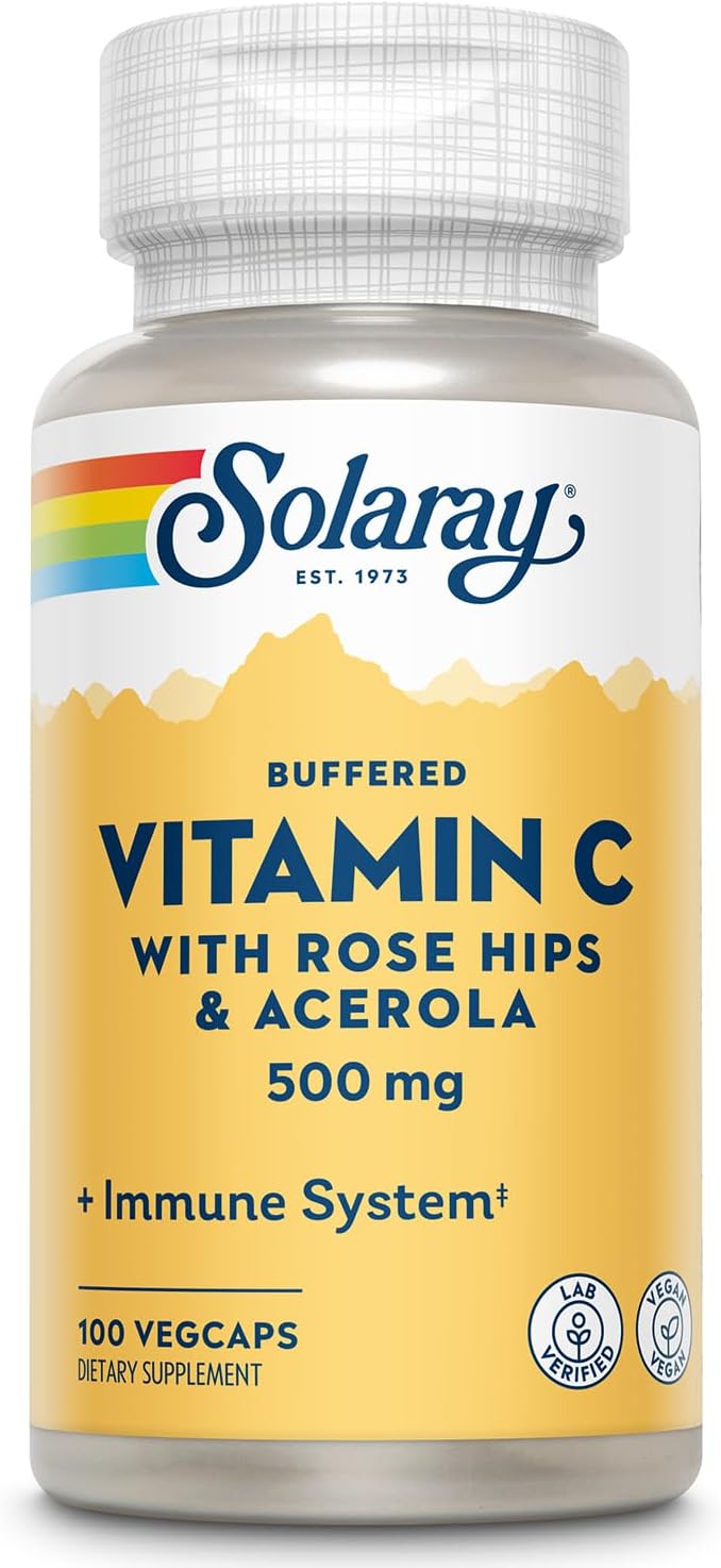 SOLARAY Buffered Vitamin C 500mg - Plus Rose HIPS and Acerola - Immune Support Supplement - Vegan, Lab Verified, 60-Day Guarantee - 100 Servings, 100 VegCaps