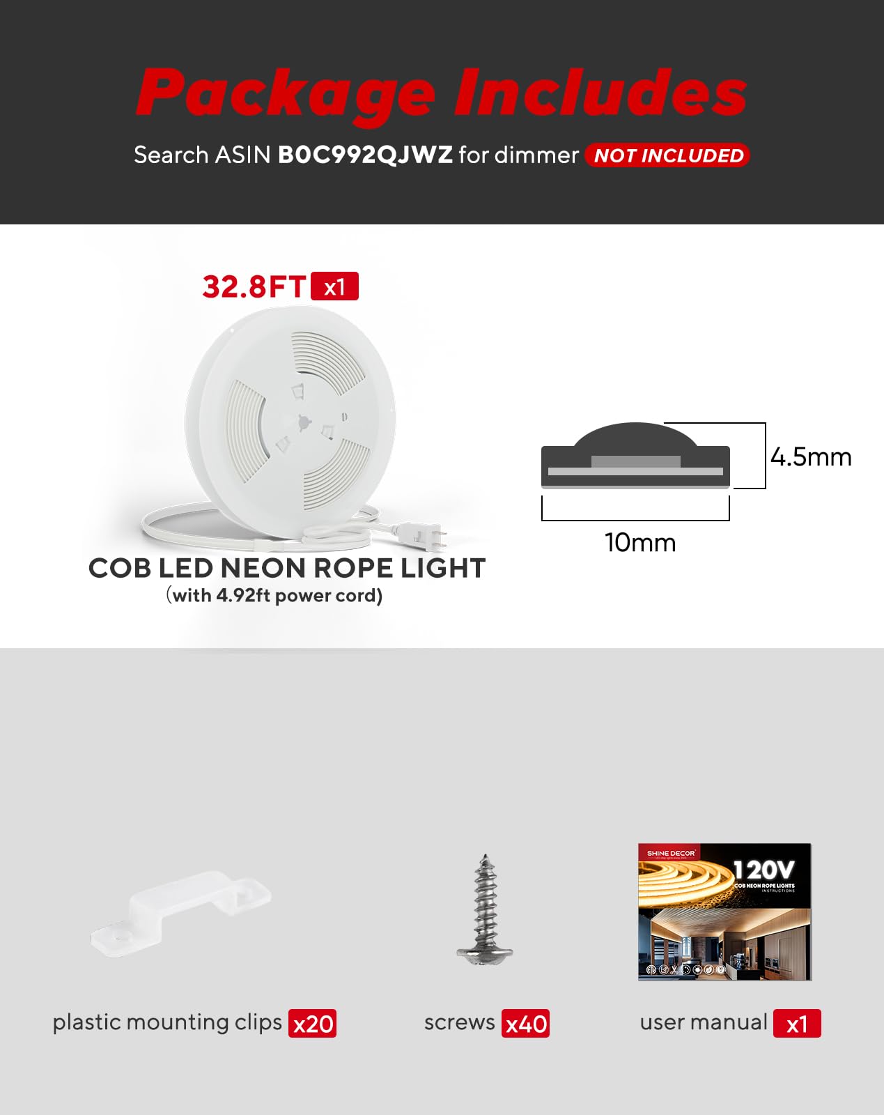 Shine Decor Cob Led Rope Light Ac 120V  800Lm Ultra Bright  Ip65 Waterproof Cold-Resistant Etl Neon Strip  No Driver Tape Lighting For Home Commercial 10X4.5Mm  6000K Cool White  32.8Ft