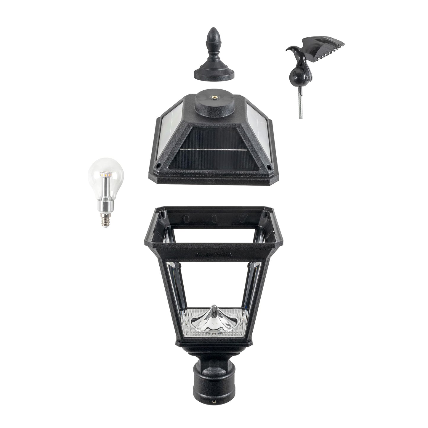 Gama Sonic Imperial Ii Outdoor Post Light, 2700K Warm White, Black Resin, Clear Lens, 3 Fitter, Model 96B50012