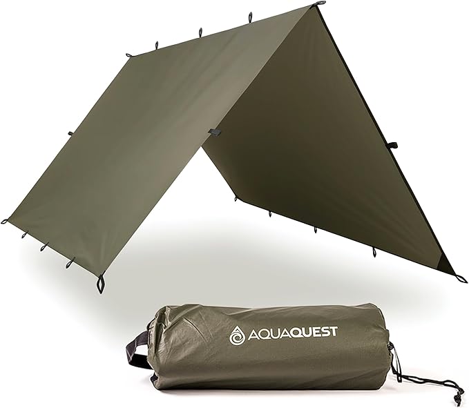 AquaQuest Safari Camping Tarp - Lightweight Durable Rain Fly - Waterproof Camping Essentials for Hiking, Backpacking & Hammock, 10 x 10 ft, Olive Drab