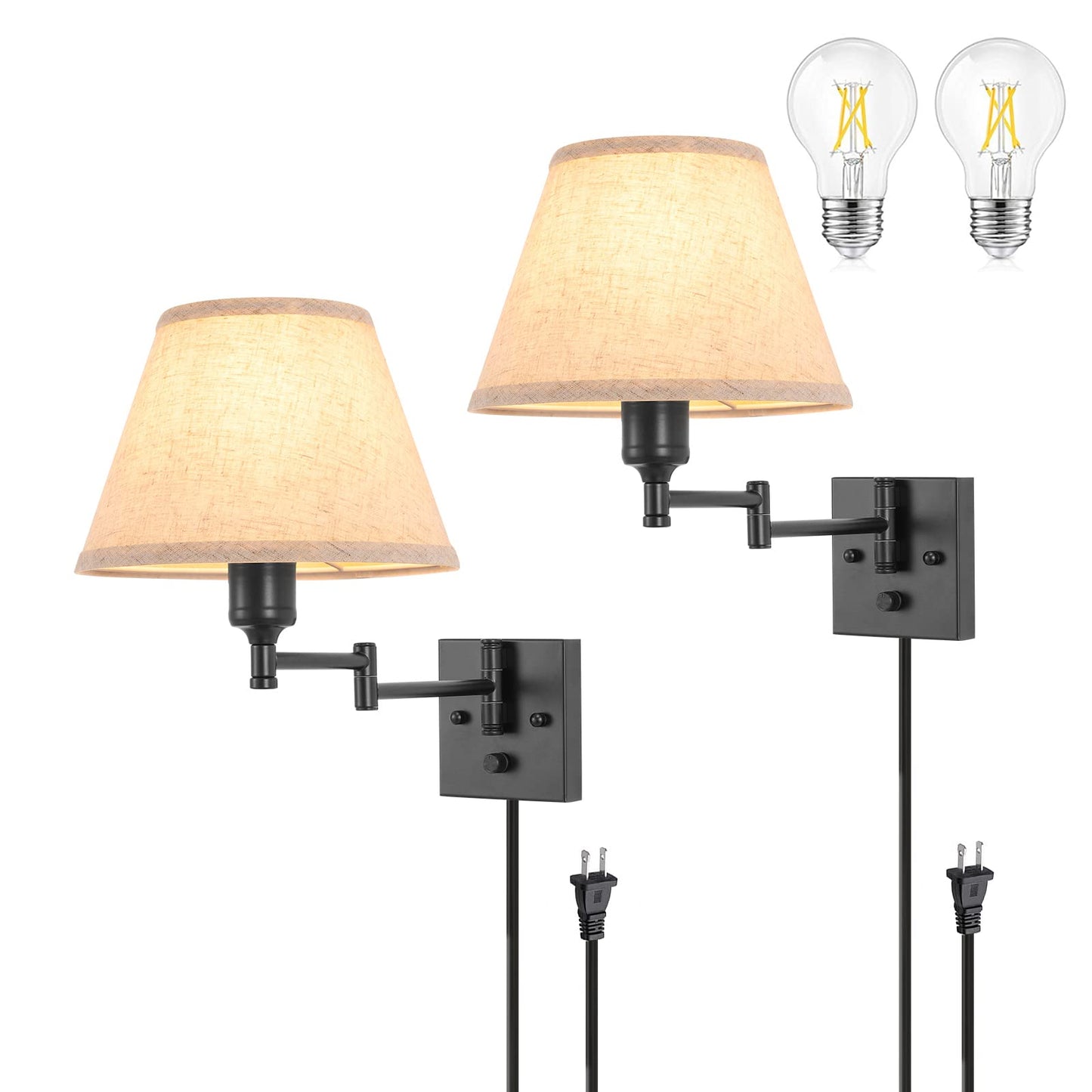 TRLIFE Wall Sconce Set of Two, Dimmable Swing Arm Lights, Medium Beige Fabric Shade, Metal, Model BYsconce-M-Bei