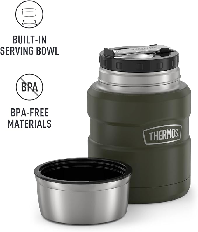 THERMOS Stainless King Vacuum-Insulated Food Jar with Spoon, 16 Ounce, Army Green (Pack of 4)