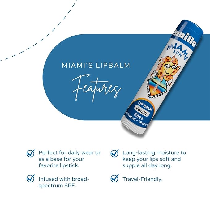 Miami Sun Natural Ghee Lip Balm, Hydrating Lip Treatment with Shea Butter & Beeswax, Organic & Non-Toxic, Best for Dry, Chapped Lips - Moisturizing, Healing, Chemical-Free Lip Care (4 Count, Vanilla)
