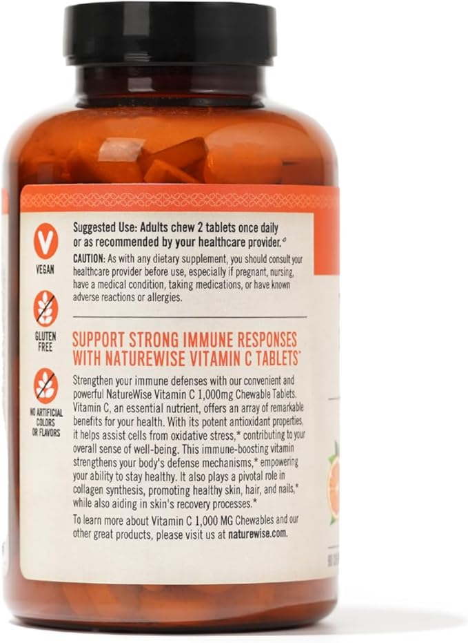 NatureWise Extra Strength Vitamin C Chewable 1000mg for Adults - Natural Orange Flavor - Immune System & Antioxidant Support - Non-GMO, Vegan & Sugar Free - 90 Chewable Tablets[45-Day Supply]