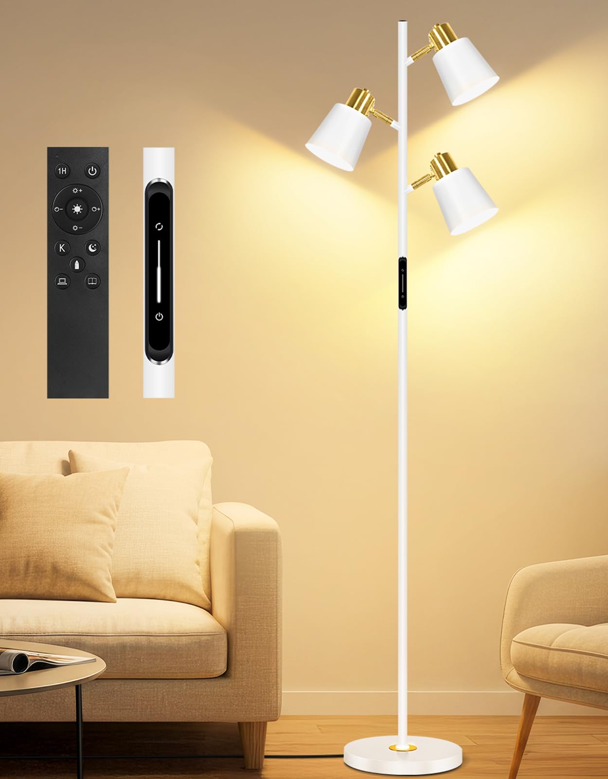 OUTON LED Floor Lamp, Modern Dimmable Standing Lamp with Remote, 4 Color Temperatures, White & Gold
