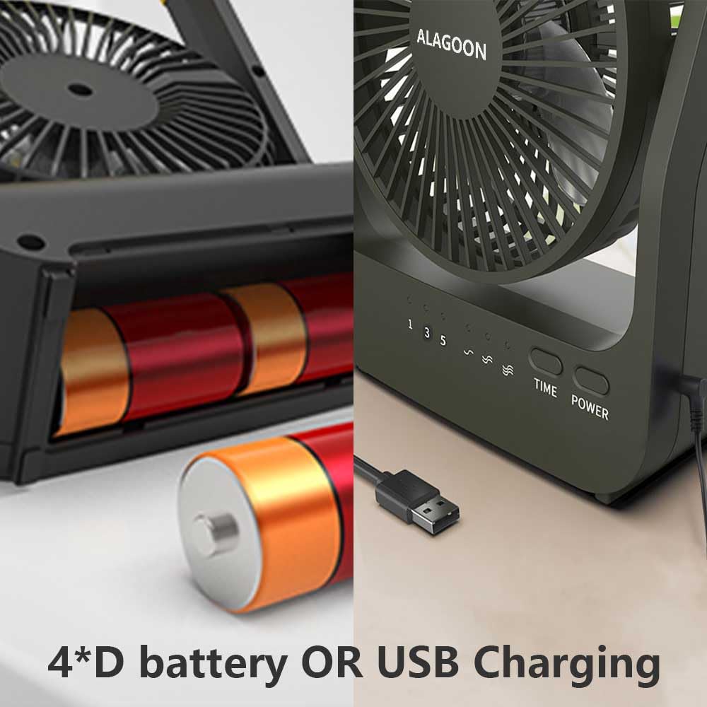 Alagoon Portable Desk Fan, D Battery Operated Fan For Hurricane, Powered Fan By Usb Cable 214H Long Lasting With Timer 6 Porta