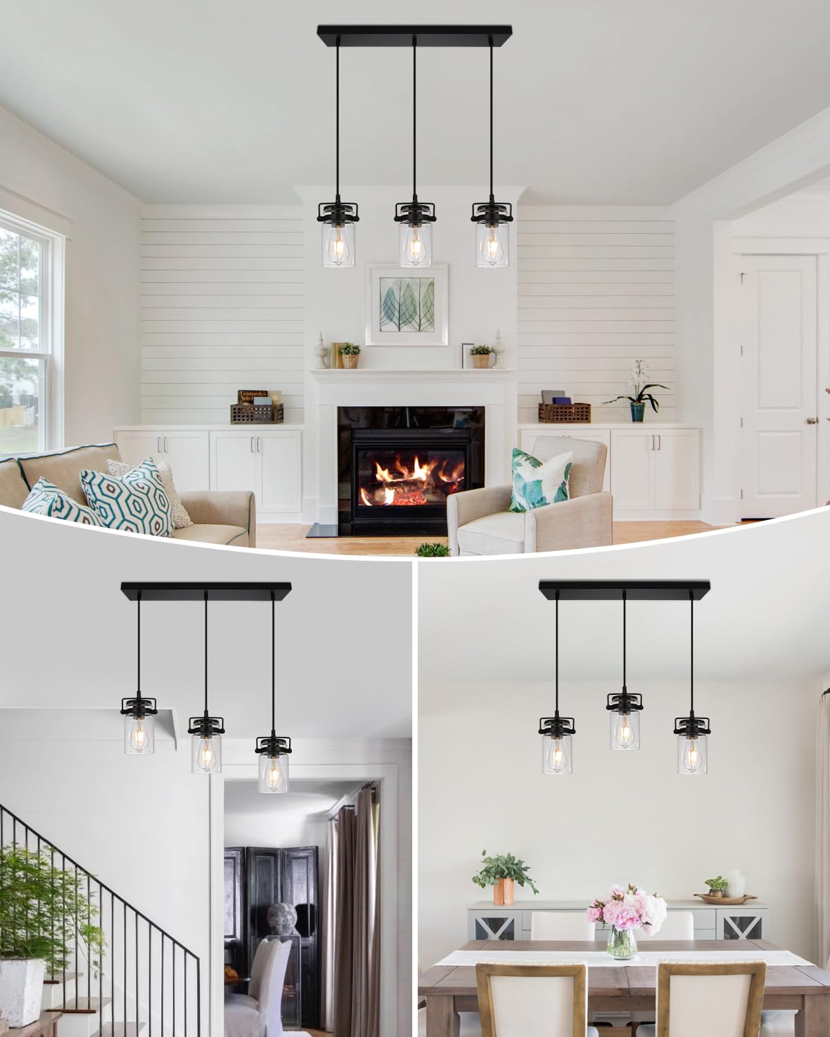 Foucasal Kitchen Pendant Lighting Over Island Pendant Lights With Seeded Glass Shade Black 3 Pendant Lighting Adjustable Farmhouse Ceiling Light For Kitchen Island Dining Room Bedroom Living Room