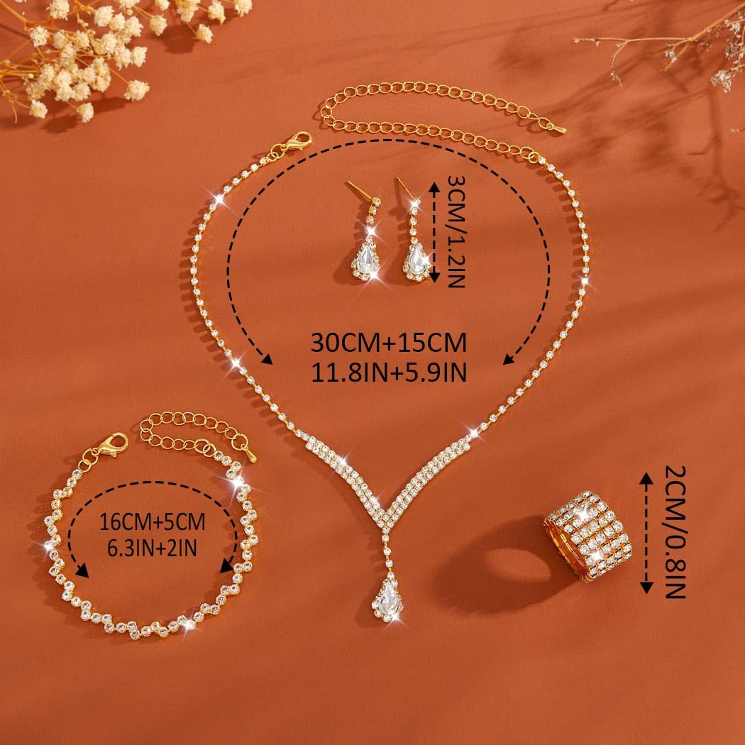 Unicra Bridal Wedding Jewelry Set Gold Rhinestone Necklace Earrings Bracelet Ring Sets Formal Costume Jewelry for Women and Brid