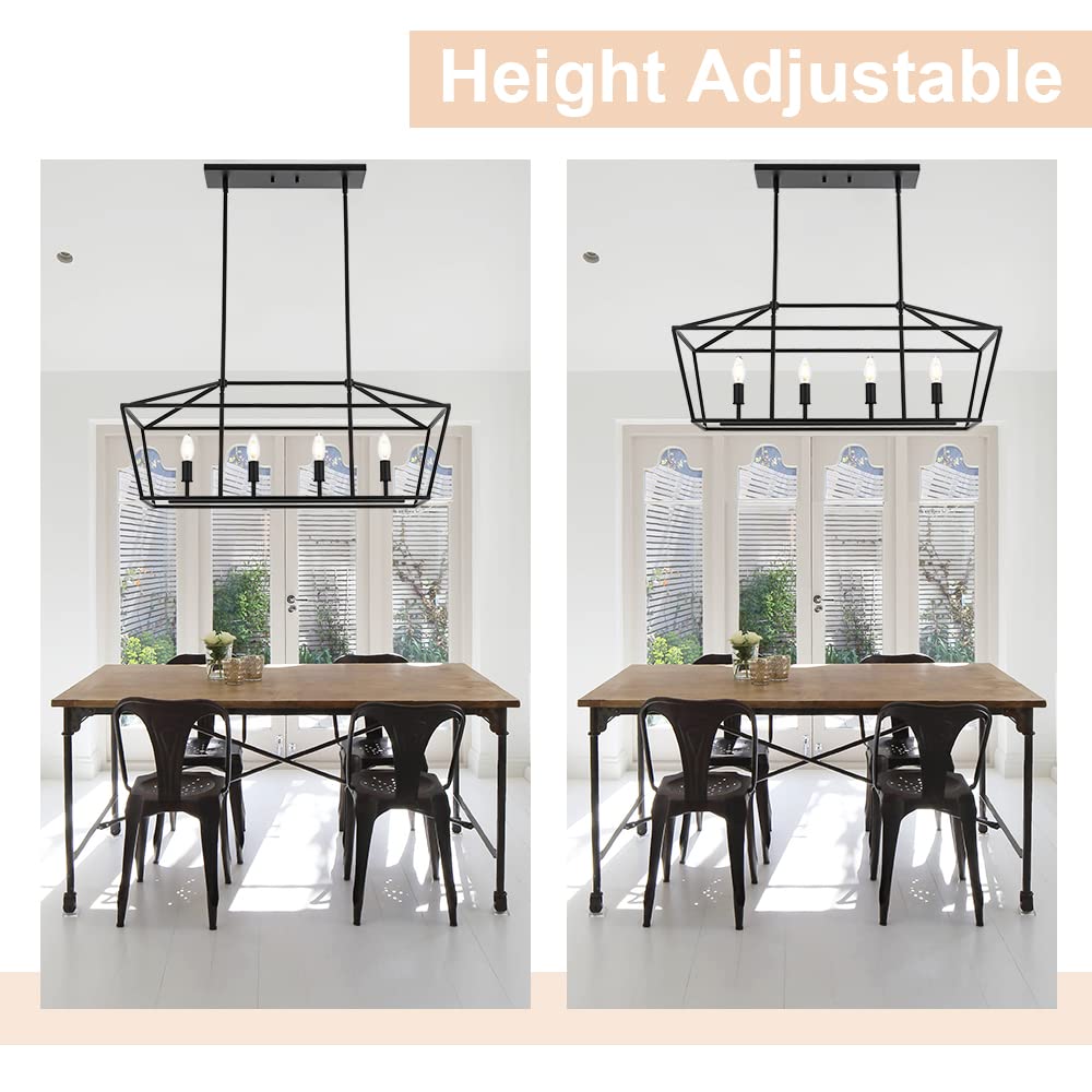Winshen 4-Lights Rustic Chandelier For Dining Room  32-Inches Width Pendant Lighting For Kitchen Island In Black Finish