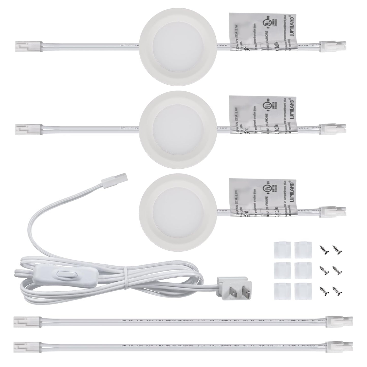 Lumiland Wired Led Puck Lights (2.7Wx3) Plug-In Lighting Natural White (4000K)  Led Cabinet Light For Kitchen Can Be Surface Mount Or Recess Mount  White