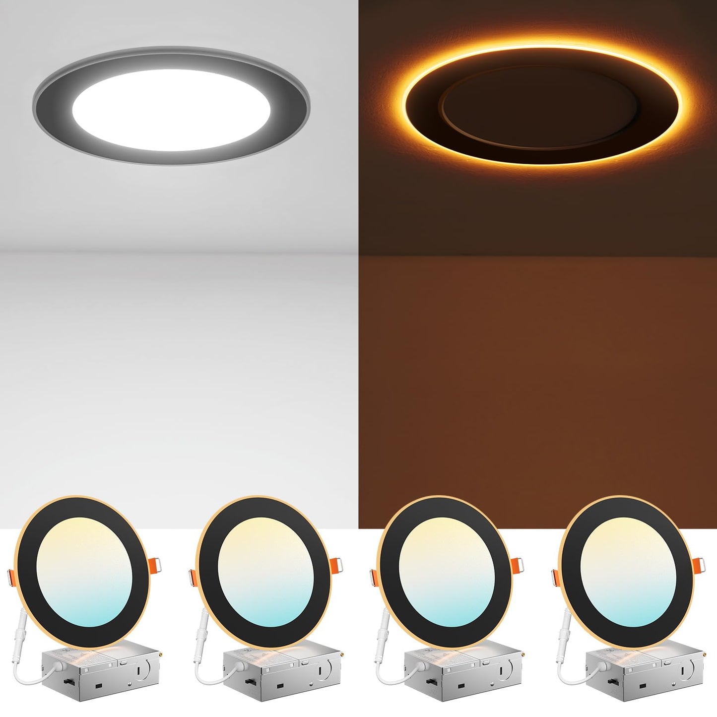 Amico 4 Pack Black 6 Inch 5Cct Led Recessed Ceiling Light With Night Light  2700K-5000K Selectable Ultra-Thin Recessed Lighting  12W=110W  1100Lm  Dimmable Canless Wafer Downlight Etl&Fcc