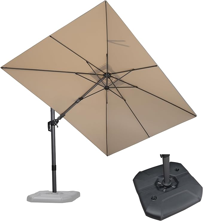 PURPLE LEAF 8.2' X 11.5' Tilting Patio Umbrella with Base Outdoor Cantilever Swivel Rectangle Umbrella Aluminum Offset Umbrella with 360-degree Rotation for Garden Deck Pool Patio Beige