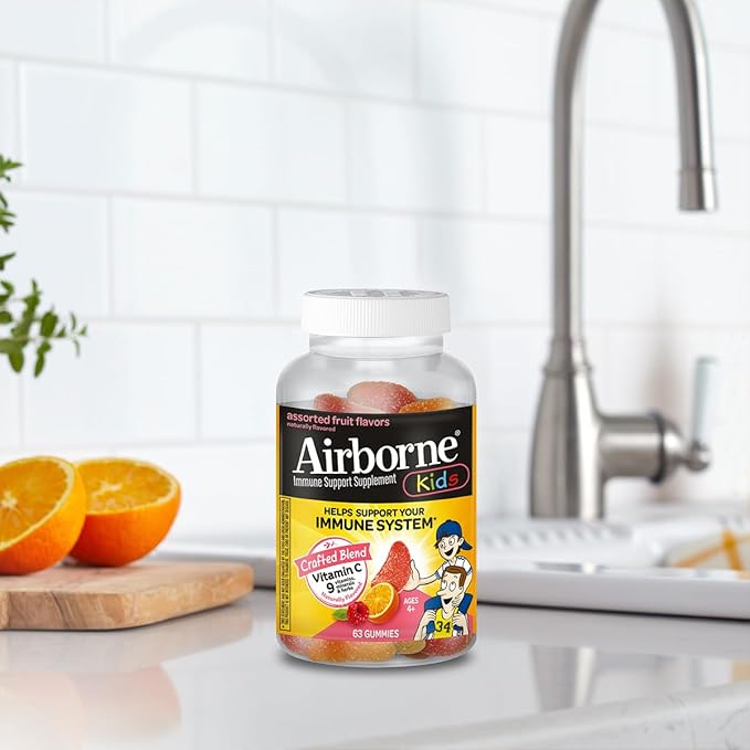 Airborne Kids 500mg Vitamin C Gummies, Kids Immune Support Zinc Gummies with Powerful Antioxidants VIT C & E - 63 Gummies, Assorted Fruit Flavor (Pack of 4)